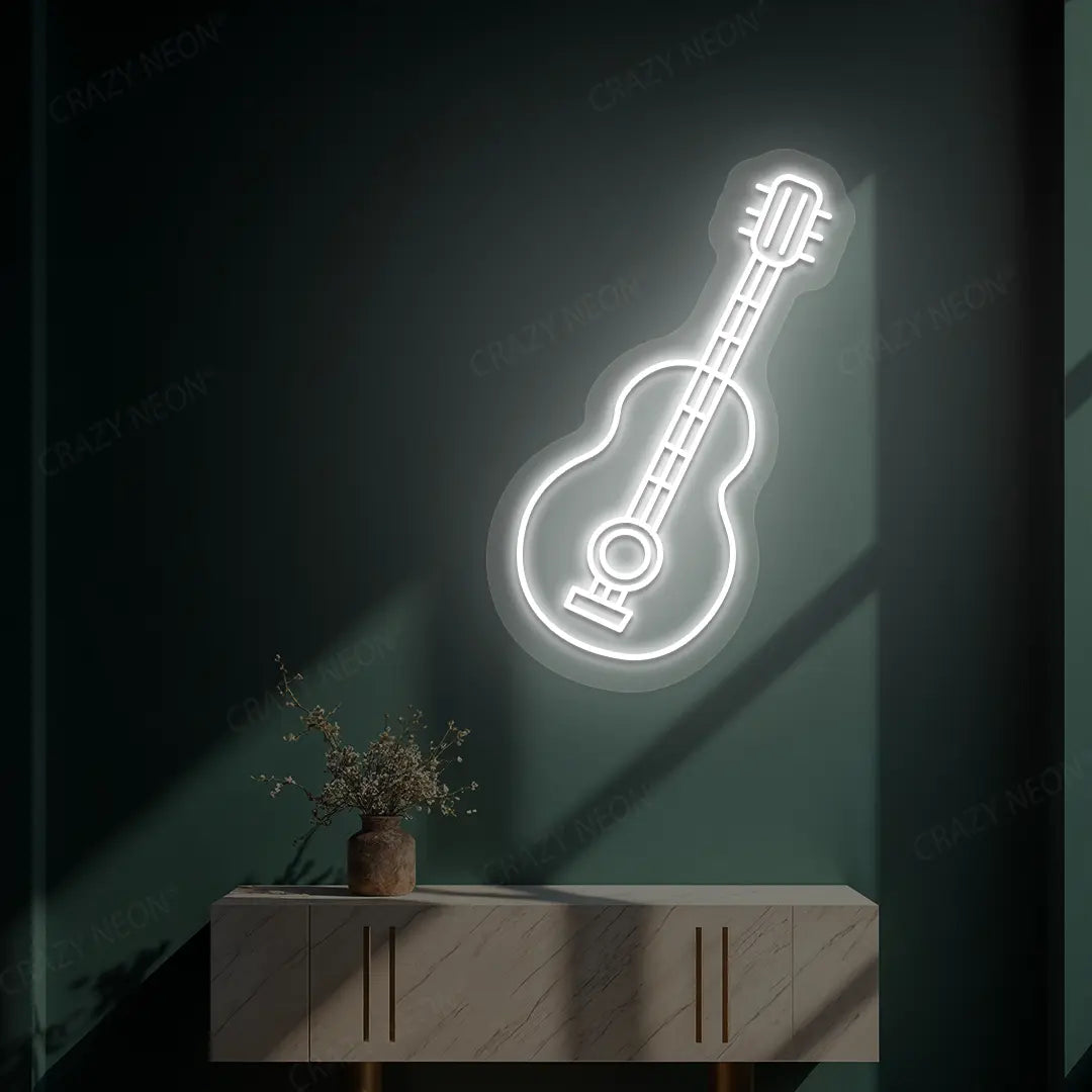 white acoustic guitar neon sign mounted on a wall