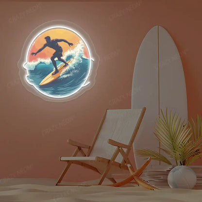 white surfer catching wave neon artwork mounted on a wall