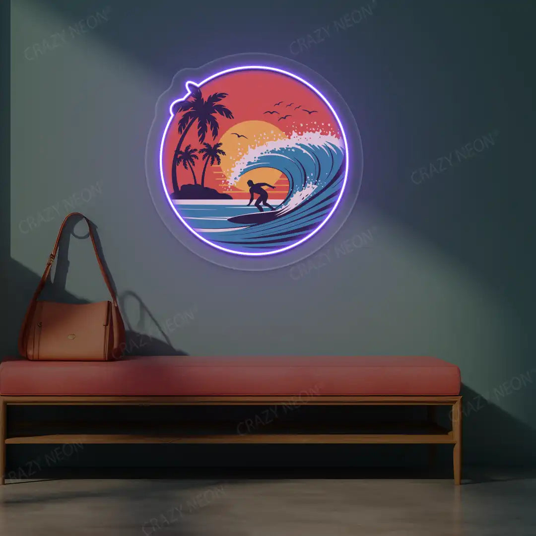 purple sunset surfer riding wave neon artwork mounted on a wall