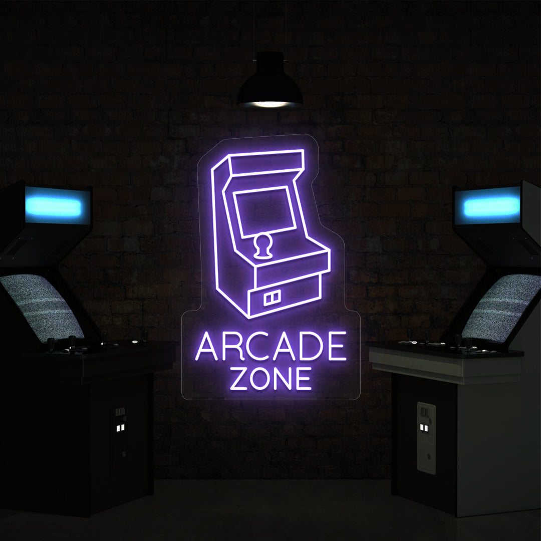 purple nostalgic arcade zone vintage neon sign mounted on a wall