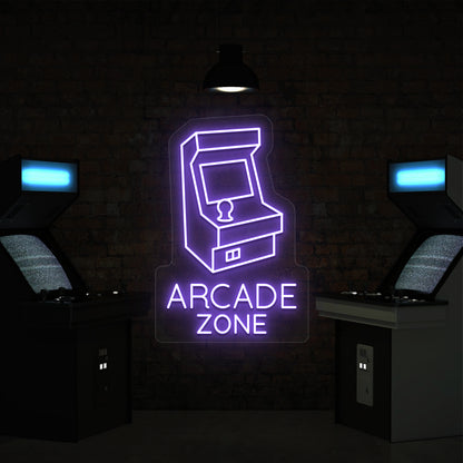 purple nostalgic arcade zone vintage neon sign mounted on a wall