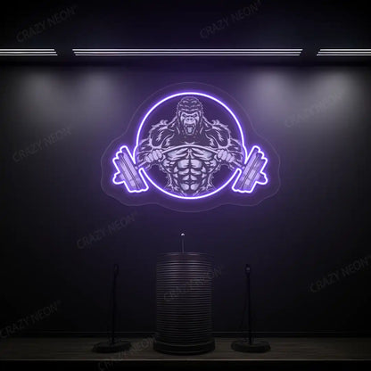 purple roaring gorilla gym neon artwork mounted on a wall