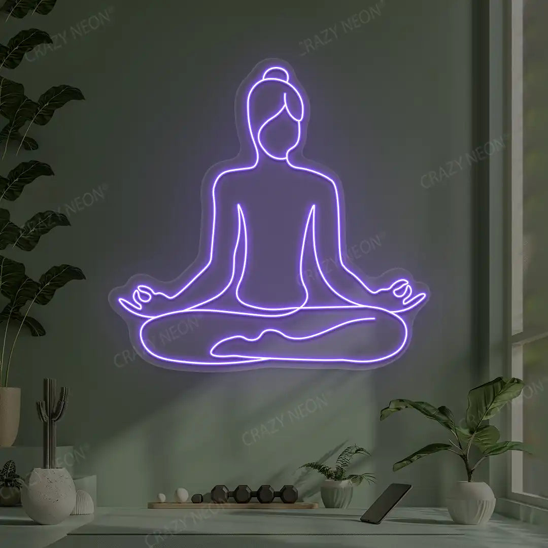 Swastikasana Contour Yoga Neon Sign lighting up in purple color in a yoga room