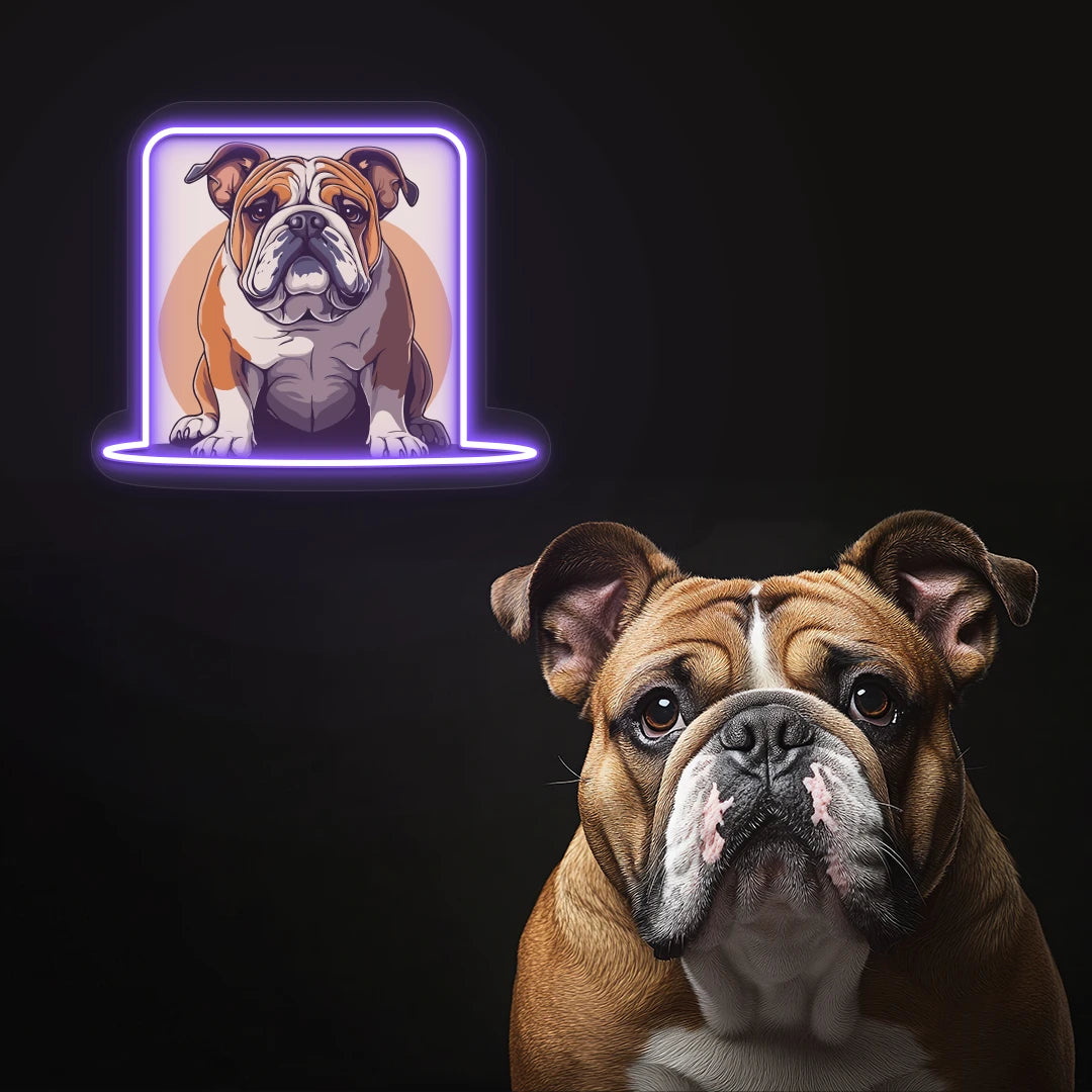 Bulldog Portrait Neon Artwork in Purple Color
