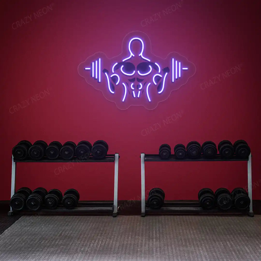 purple gymer outline neon artwork mounted on a wall