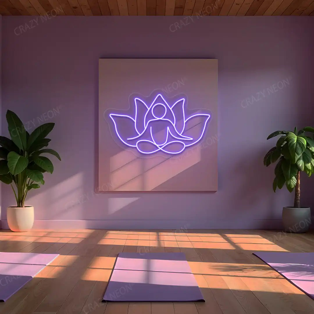 Lotus Meditation Neon Sign lighting up in purple color in a yoga room