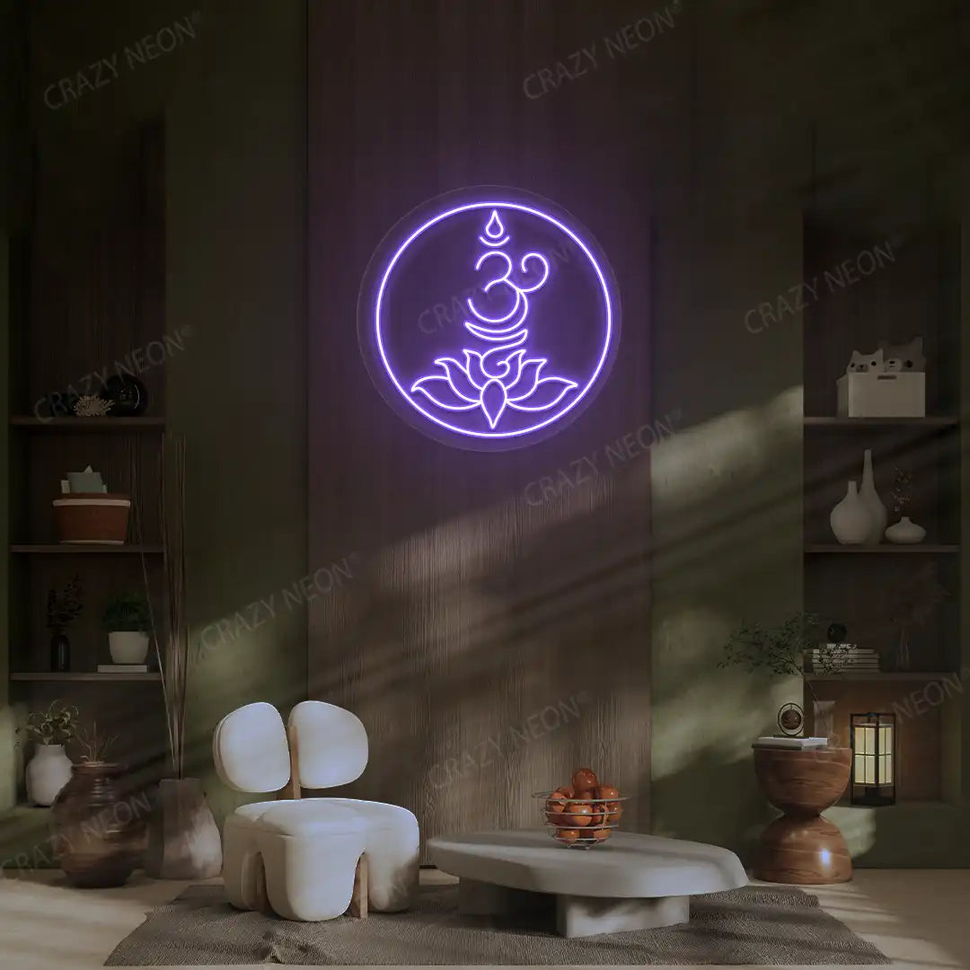 Om Lotus Neon Sign lighting up in purple color in a yoga room