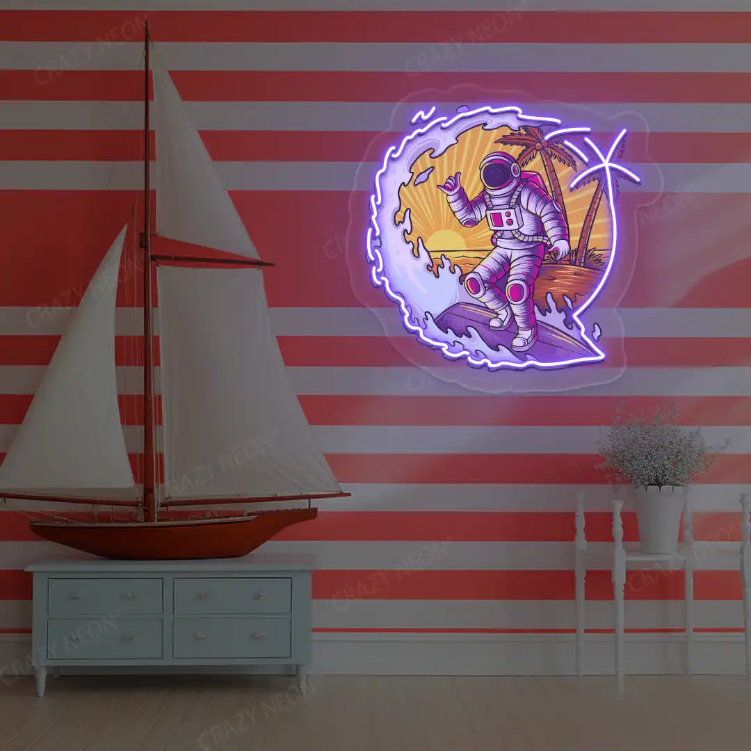 purple astronaut surfing neon artwork mounted on a wall