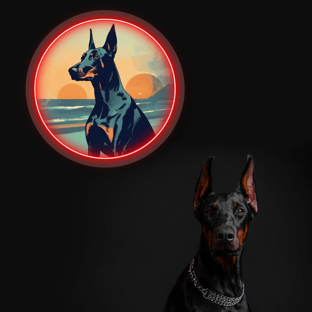 Twin Sunset Beach Doberman Neon Artwork in red Color