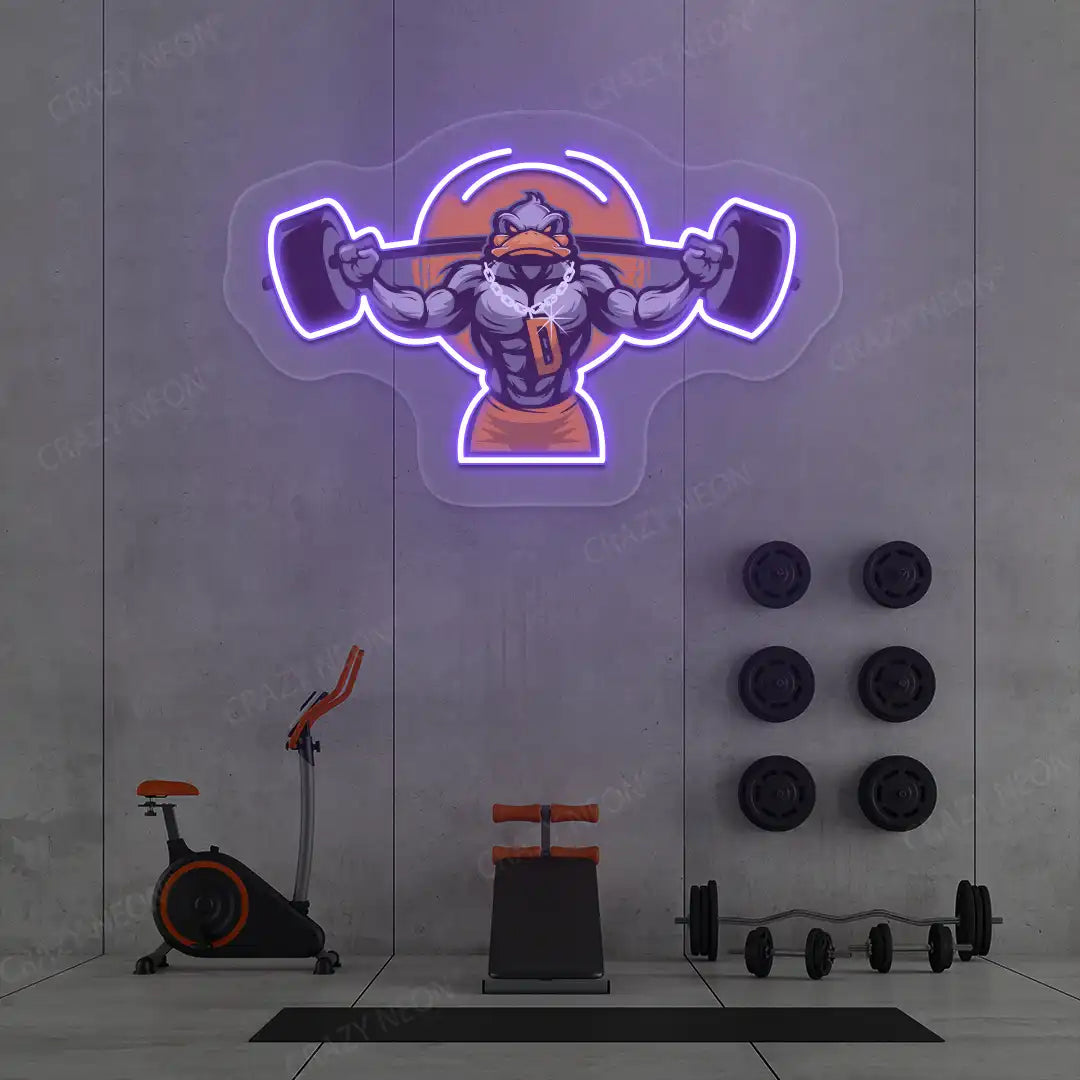 purple muscular duck powerlifting gym neon artwork mounted on a wall