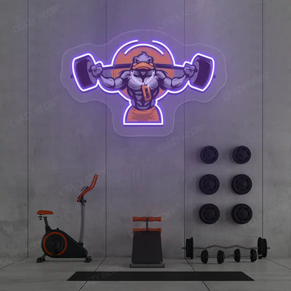 purple muscular duck powerlifting gym neon artwork mounted on a wall