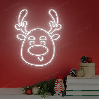 Silly Reindeer Face Neon Sign | White