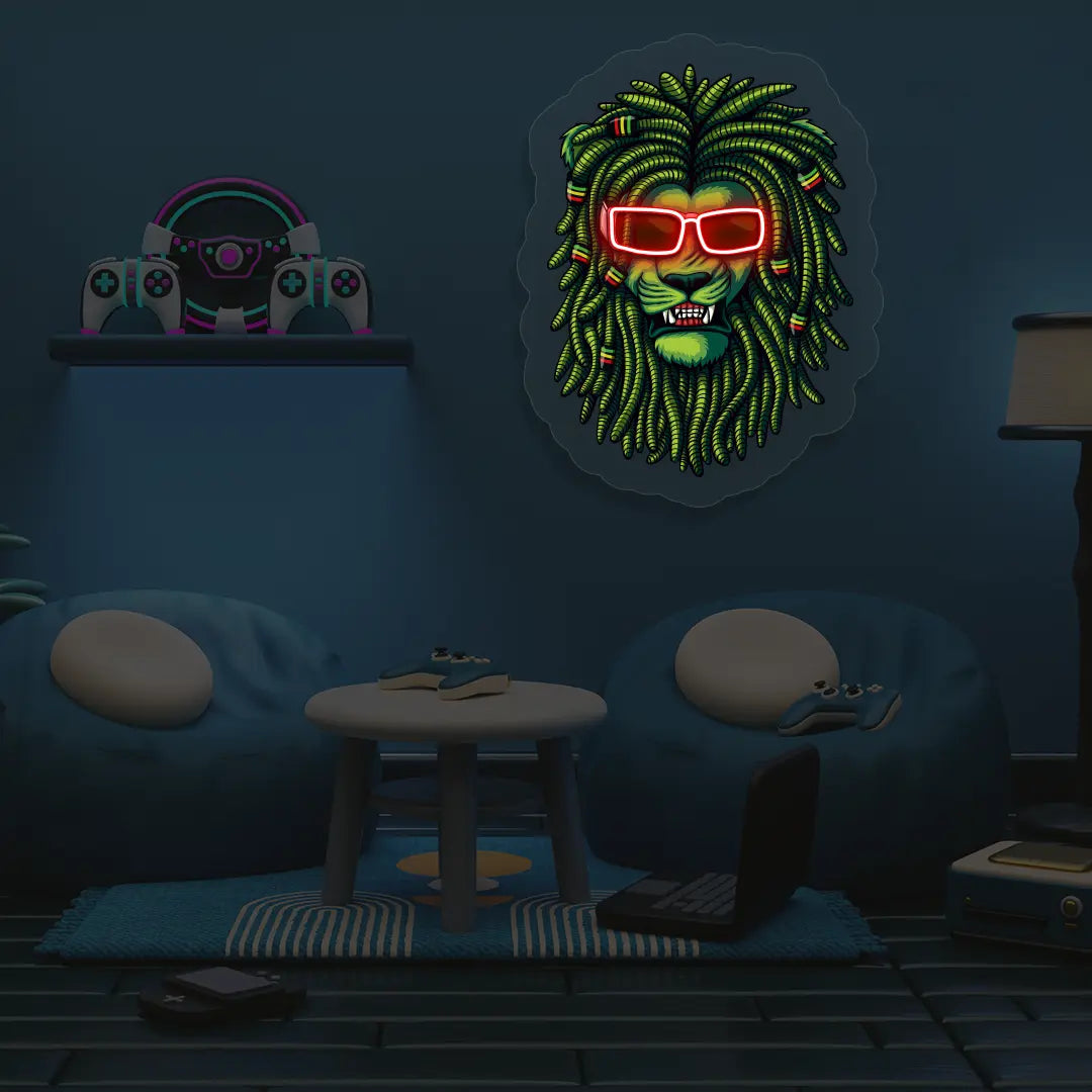 Lion Green Dreadlocks Neon Artwork in Red Color