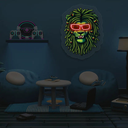Lion Green Dreadlocks Neon Artwork in Red Color