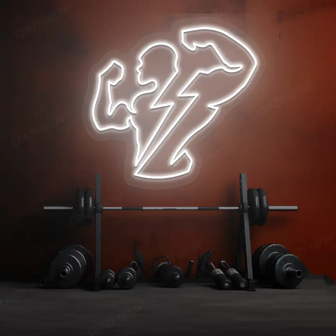 white thunder bolt physique neon sign mounted on a wall