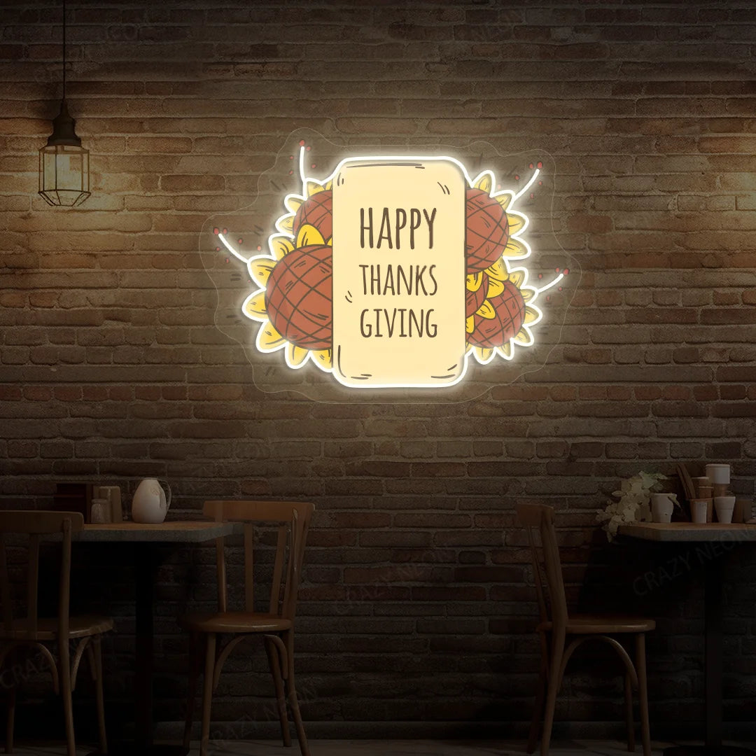 Happy thanksgiving sunflower neon sign in white