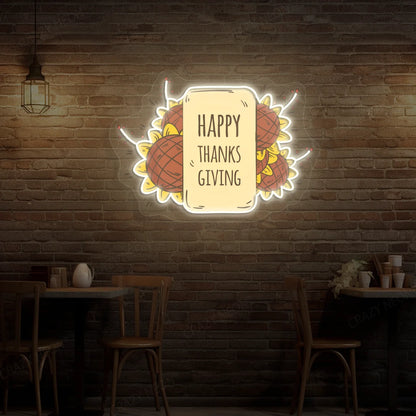 Happy thanksgiving sunflower neon sign in white
