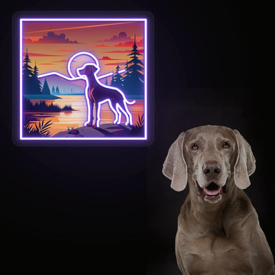 Sunset Lake Weimaraner Neon Artwork in purple