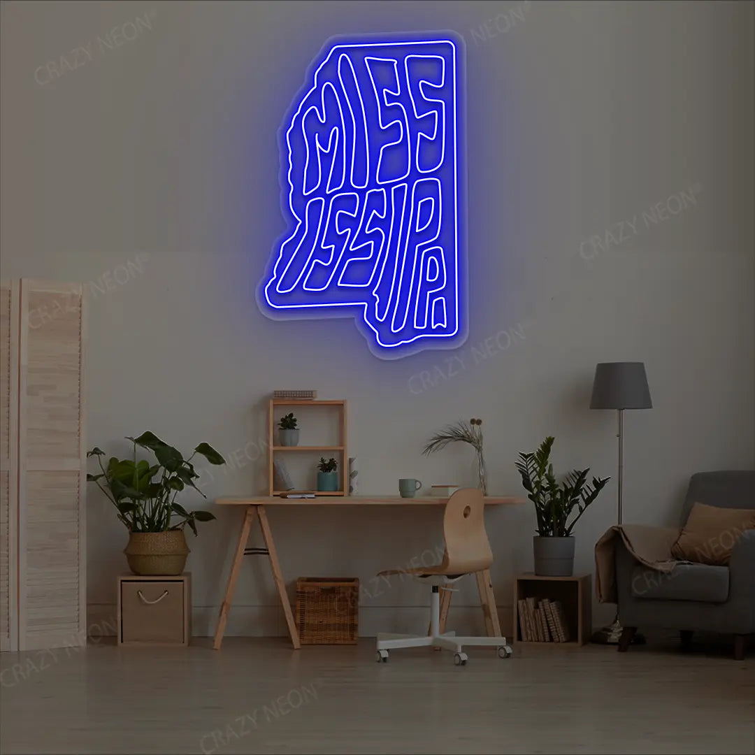 MISSISSIPPI Map Neon Sign lighting up in blue color in a room