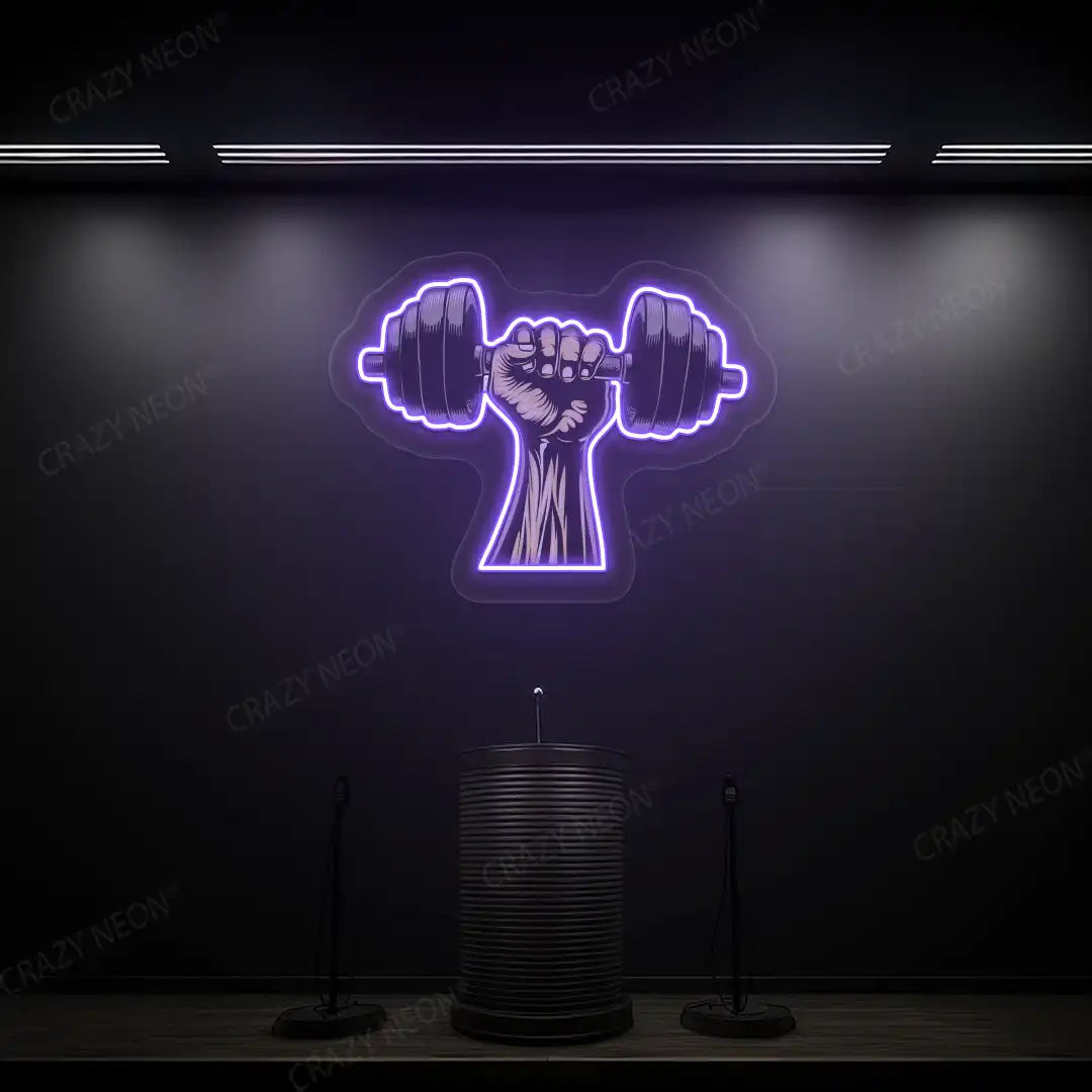 purple hand lifting dumbbell gym neon artwork mounted on a wall