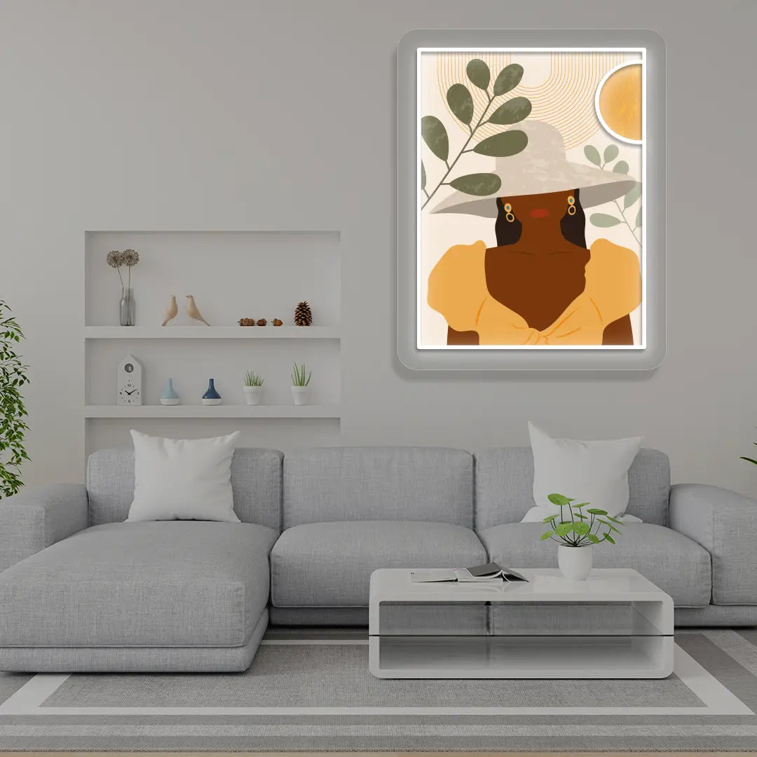 white boho lady abstract Neon Artwork Sign mounted on a wall