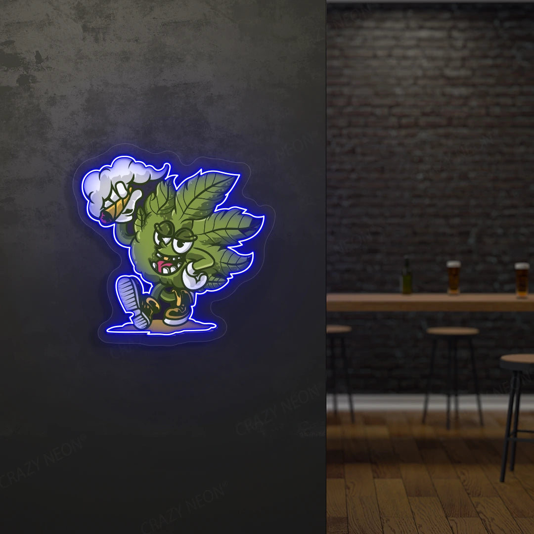 Cool Weed Leaf Character Neon Artwork in blue color