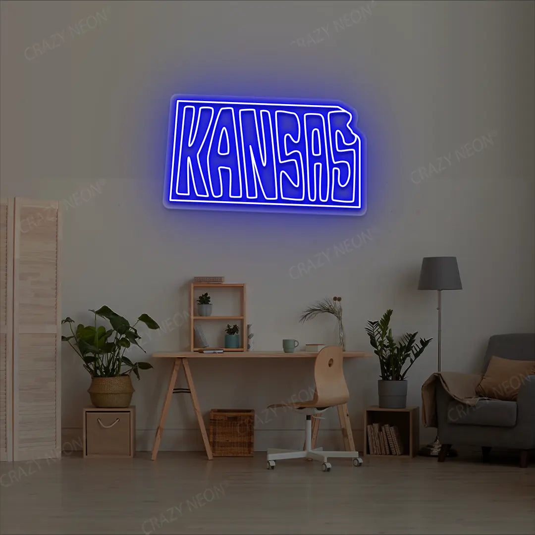 KANSAS Map Neon Sign lighting up in blue color in a room
