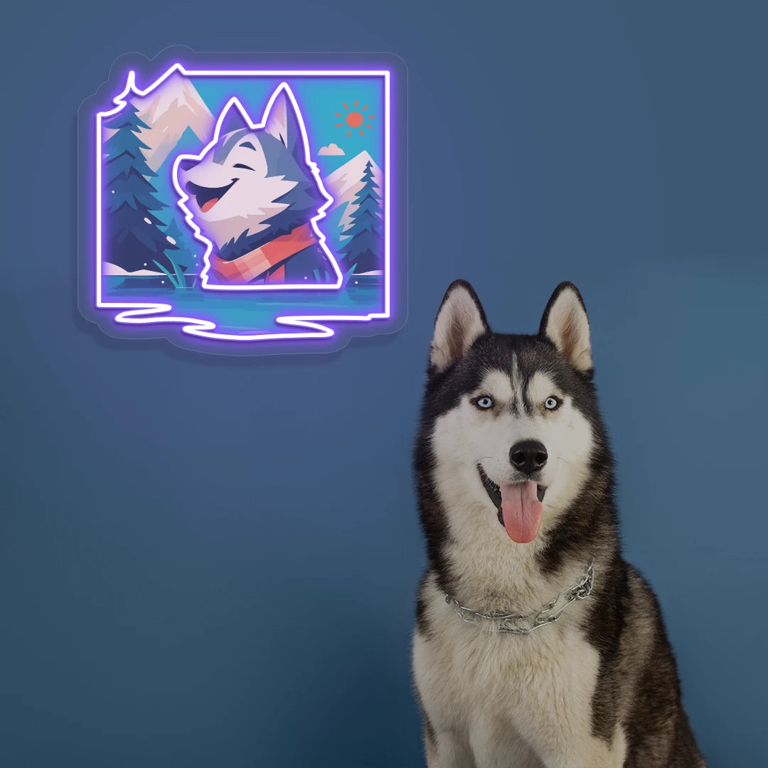 Alpine Lake Husky Portrait Neon Artwork in Purple color