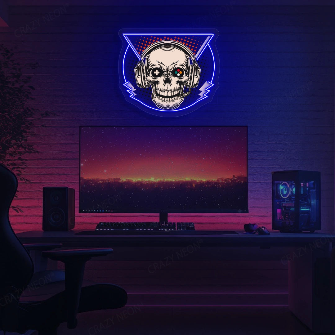 Skull Headphone Gaming Neon Artwork in Blue color