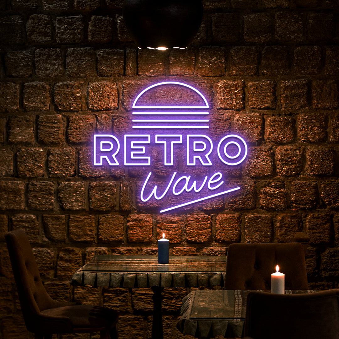 purple retro wave vintage neon sign mounted on a wall