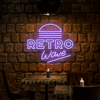 purple retro wave vintage neon sign mounted on a wall