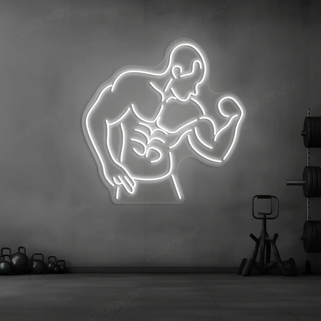 white muscle man flex neon sign mounted on a wall