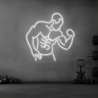 white muscle man flex neon sign mounted on a wall
