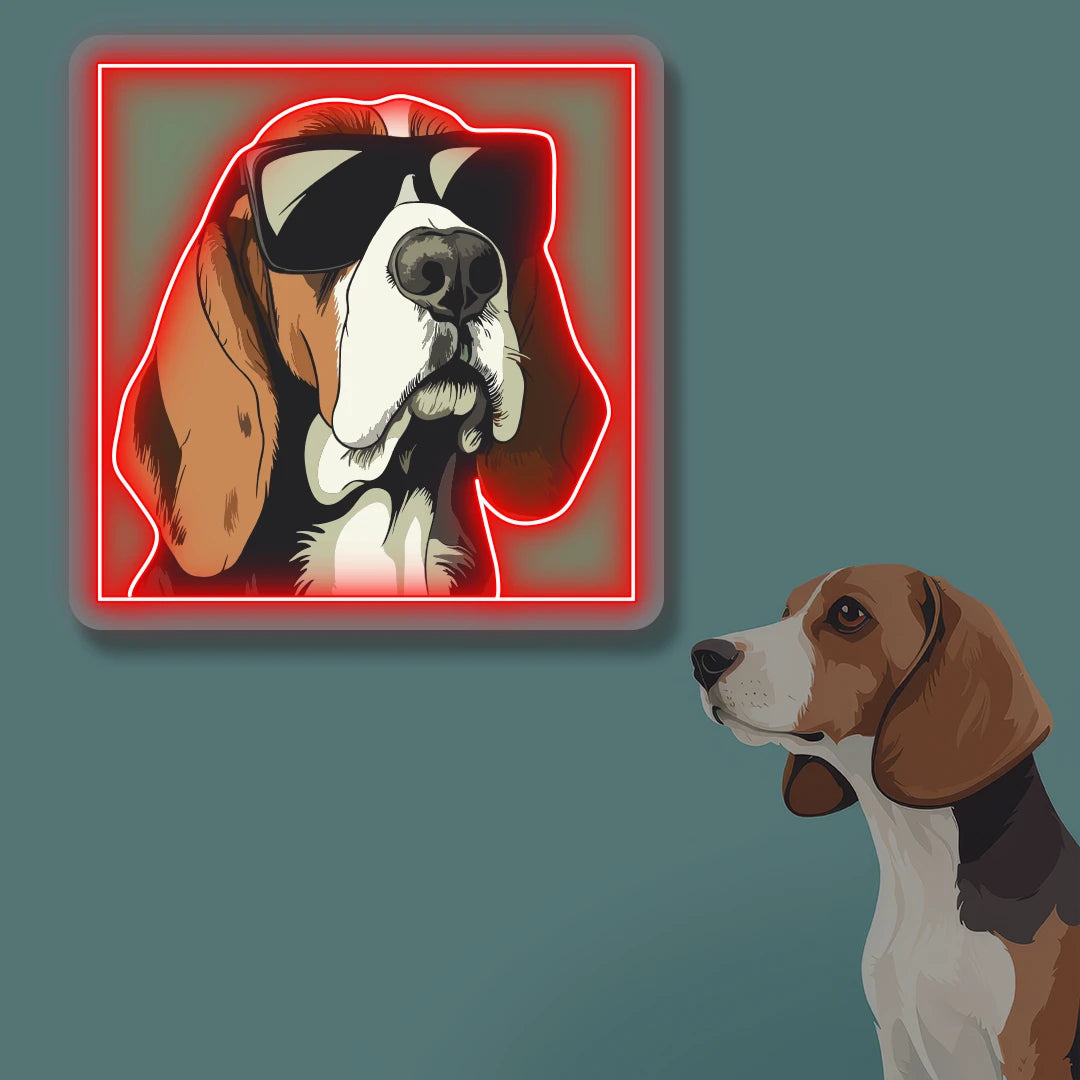 Cool Shades Beagle Portrait Neon Artwork in Red Color