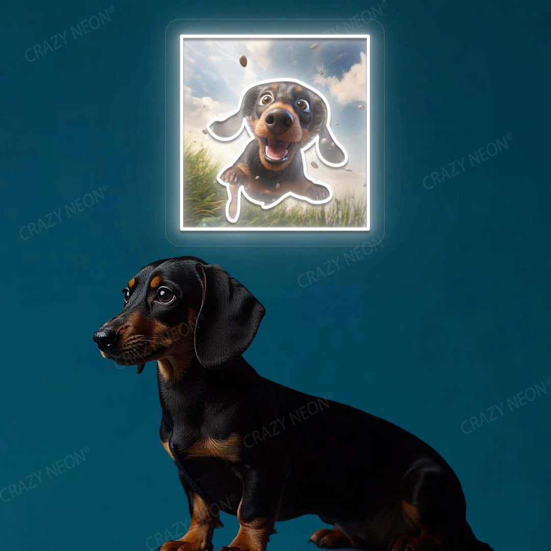 Happy Dachshund Neon Artwork in White color