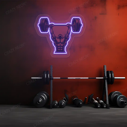 purple barbell overhead press gym neon artwork mounted on a wall 