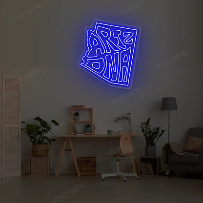 ARIZONA Map Neon Sign lighting up in blue color in a room