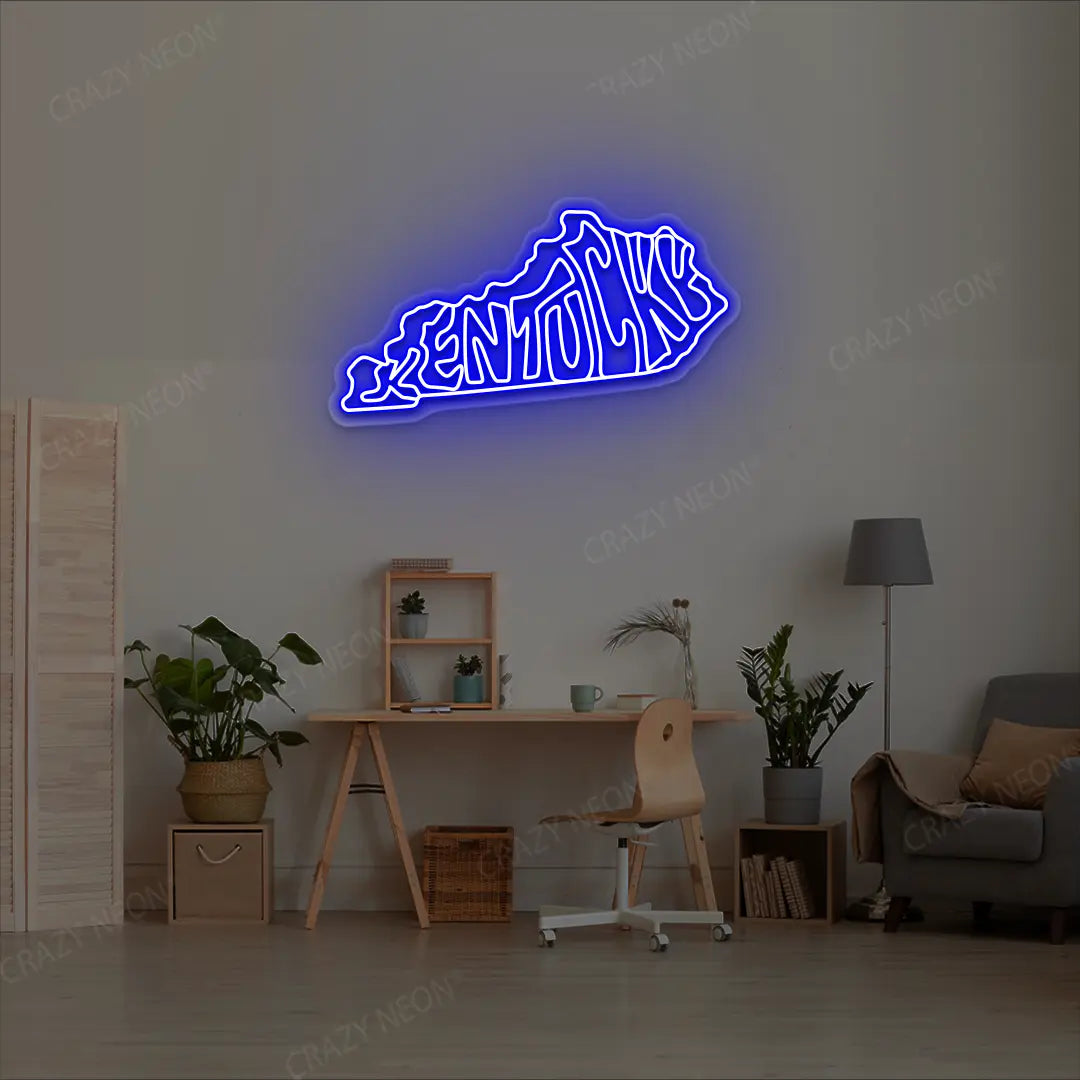 KENTUCKY Map Neon Sign lighting up in blue color in a room