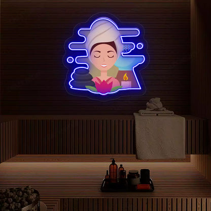 Steam Wellness Neon Artwork lighting up in blue color on a wooden spa wall