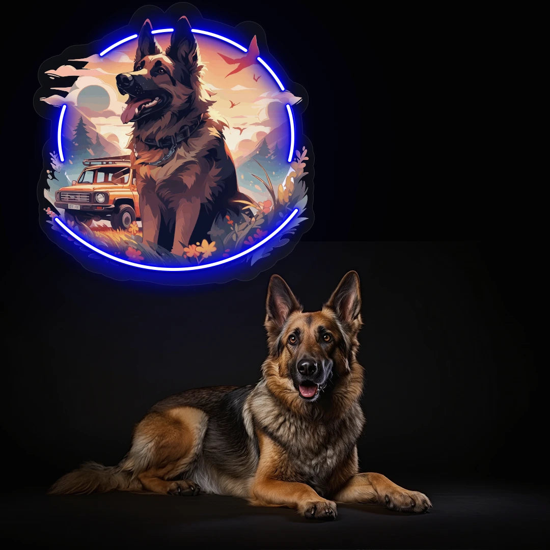 Adventure Trail German Shepherd Neon Artwork in Blue color