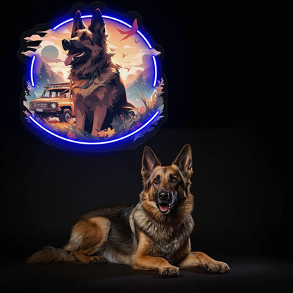Adventure Trail German Shepherd Neon Artwork in Blue color