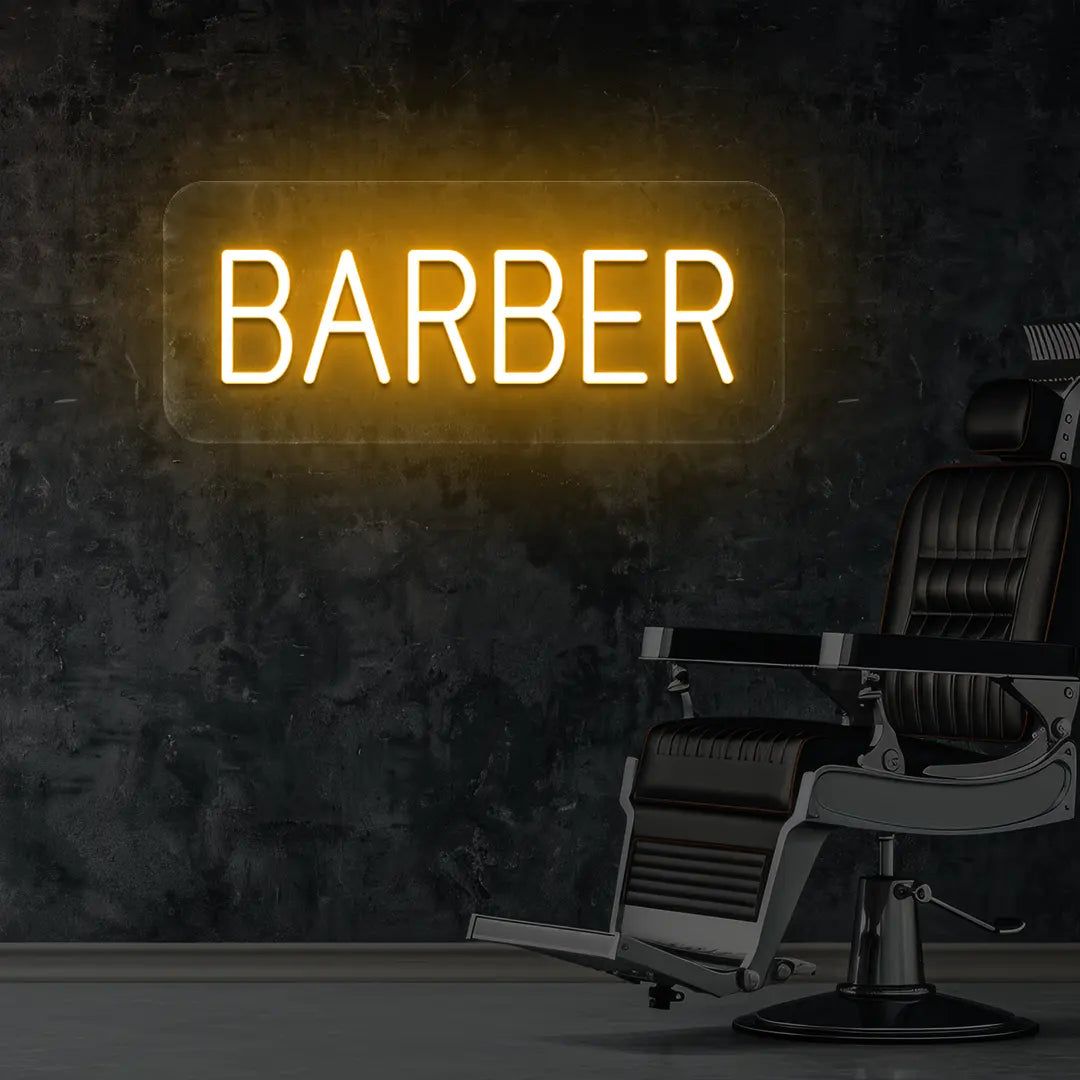 Barber Neon Sign in Ice Orange Colour Mounted on Wall 