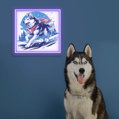 Snow Trail Husky Portrait Neon Artwork in purple color