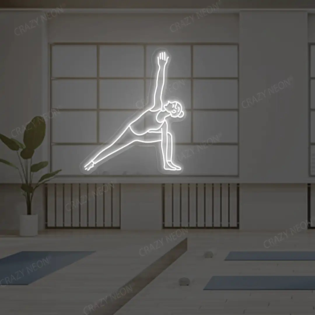 Utthita Parsvakonasana Yoga Neon Sign lighting up in white color in a yoga room