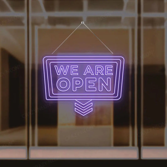 We Are Open Sign with downward Arrow | Purple