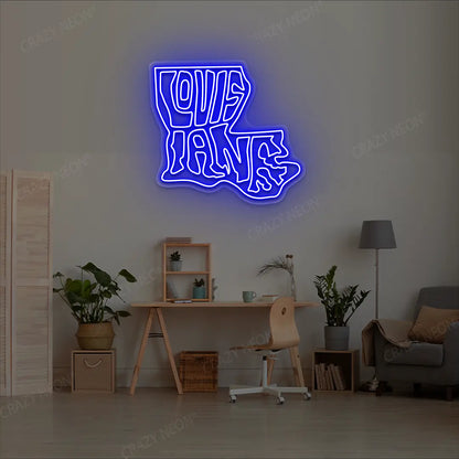 LOUISIANA Map Neon Sign lighting up in blue color in a room