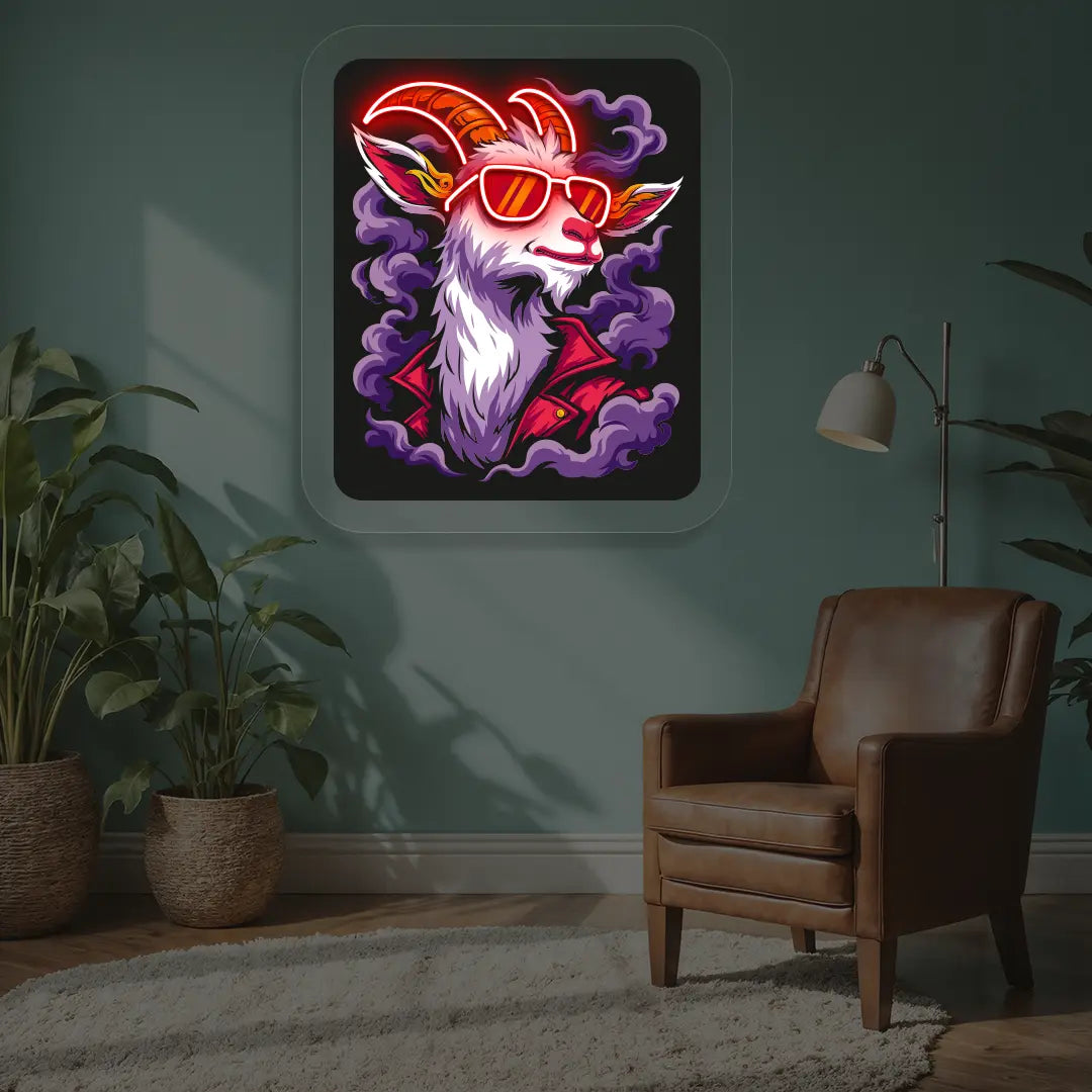 Stylish Goat with Sunglasses Neon Artwork in Red color