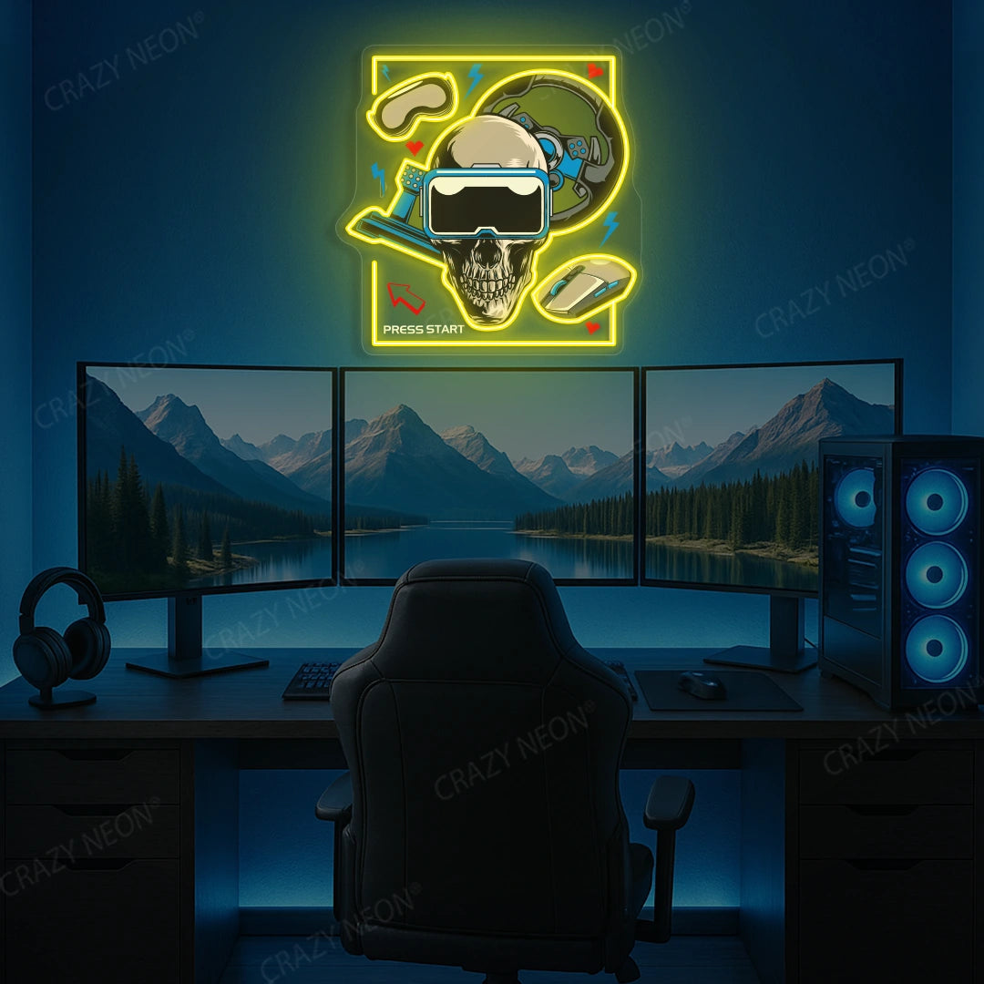 VR Skull Racer Gaming Neon Artwork in Yellow color