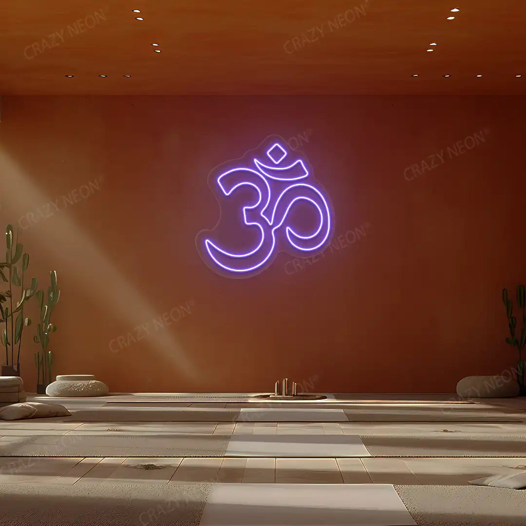 Om Symbol Neon Sign lighting up in purple color in a yoga room