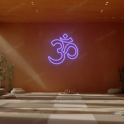 Om Symbol Neon Sign lighting up in purple color in a yoga room